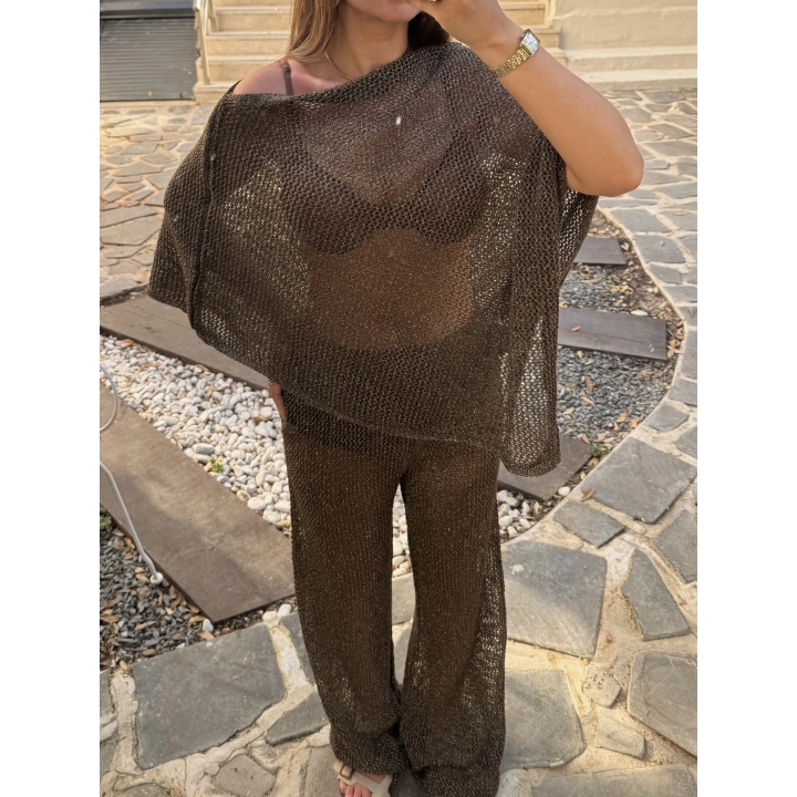 Kahve Simli Asimetrik Bluz ve Pantolon Takım