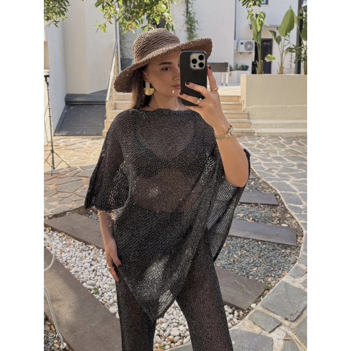 Siyah Simli Asimetrik Bluz ve Pantolon Takım