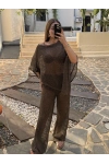 Kahve Simli Asimetrik Bluz ve Pantolon Takım