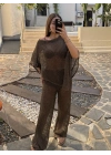Kahve Simli Asimetrik Bluz ve Pantolon Takım