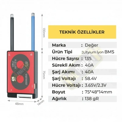 Daly - Lityum İyon Bms - 13s 40a - Balanslı + Ntc