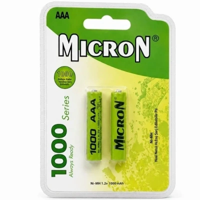 Micron - AAA Boy 1.2 Volt 1000 mAh Ni-Mh Şarjlı Pil - Başlı - 2li Blister