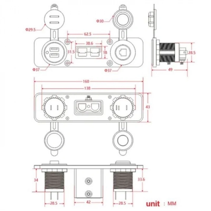 Dişi Araç Çakmaklık ve 2x5V USB Paneli - Anderson Power Soketli