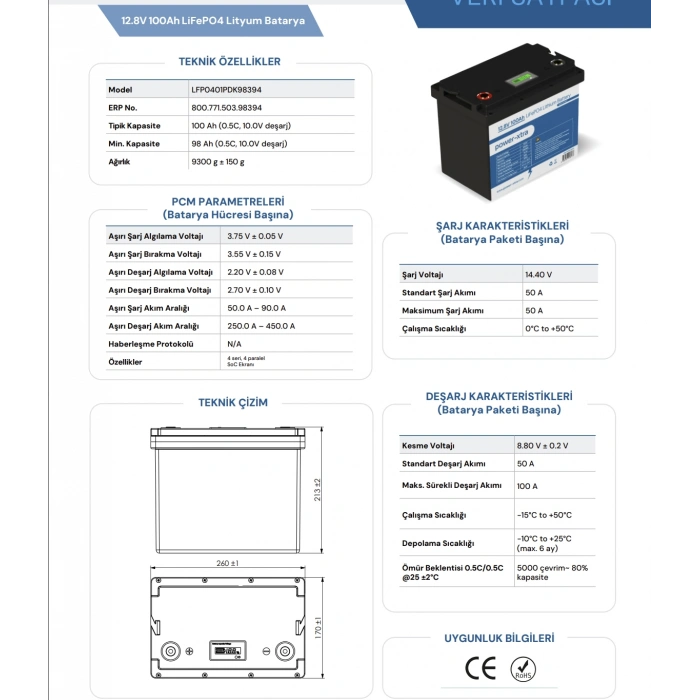 Power-Xtra - 12.8V 100Ah LiFePO4 Lityum Akü - Ekranlı