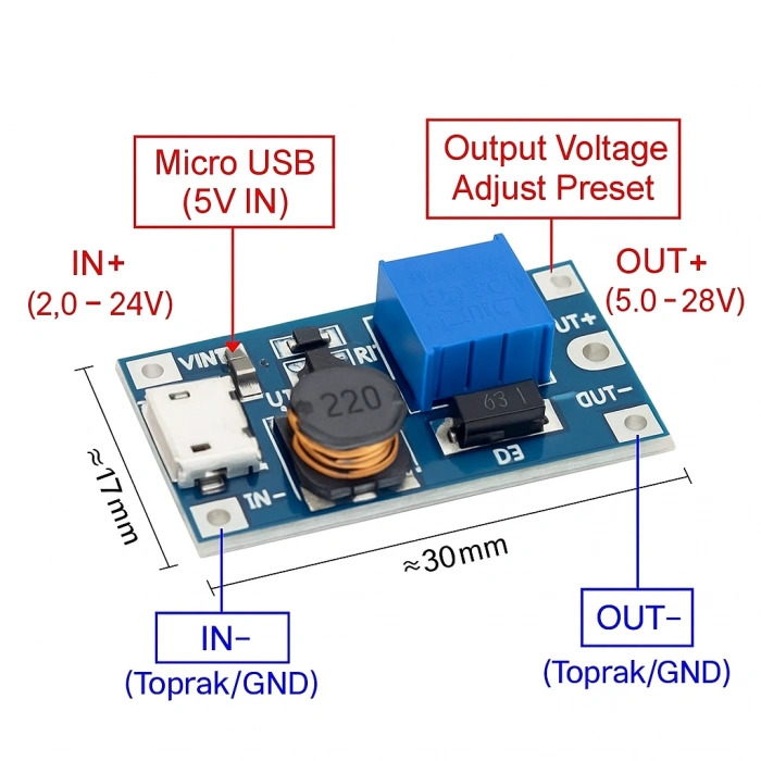 DC to DC Voltaj Yükseltici - MT3608 - Mikro USB Girişli