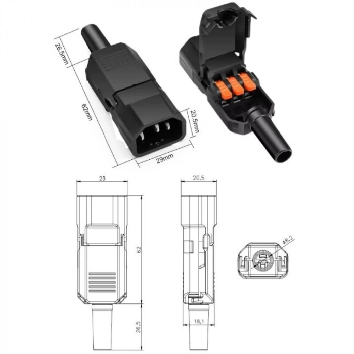 Erkek Power Soket Klemens Bağlantılı - Kablo Tipi Seyyar Güç Fişi