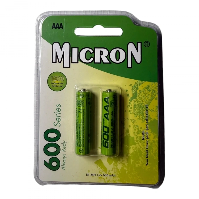 Micron - AAA Boy 1.2 Volt 600 mAh Ni-Mh Şarjlı Pil - Başlı -2li Blister