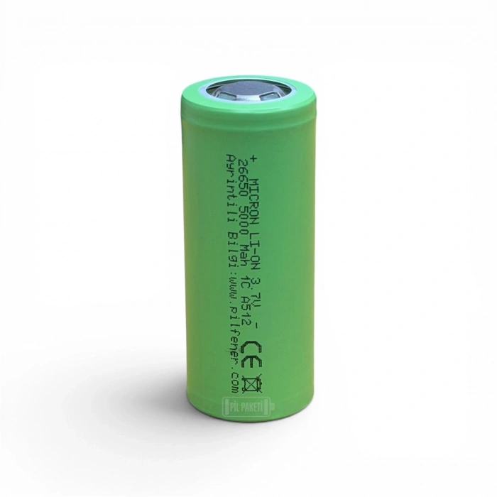 Micron - Lityum İyon Pil - 26650 Boy - 3.7 Volt - 5000 mAh - 1c - Başsız