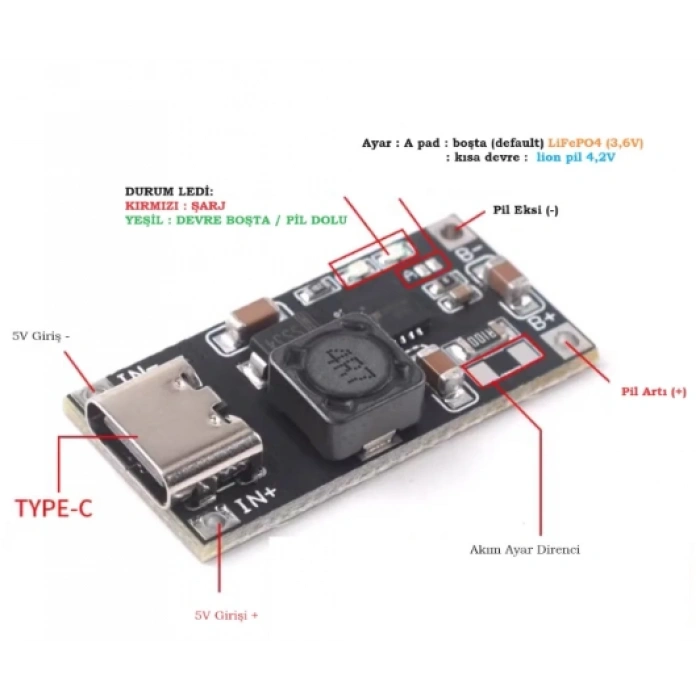 Type C Girişli TP5000 1A Lifepo4 ve Li-ion Pil Şarj Devresi
