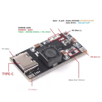 Type C Girişli TP5000 1A Lifepo4 ve Li-ion Pil Şarj Devresi