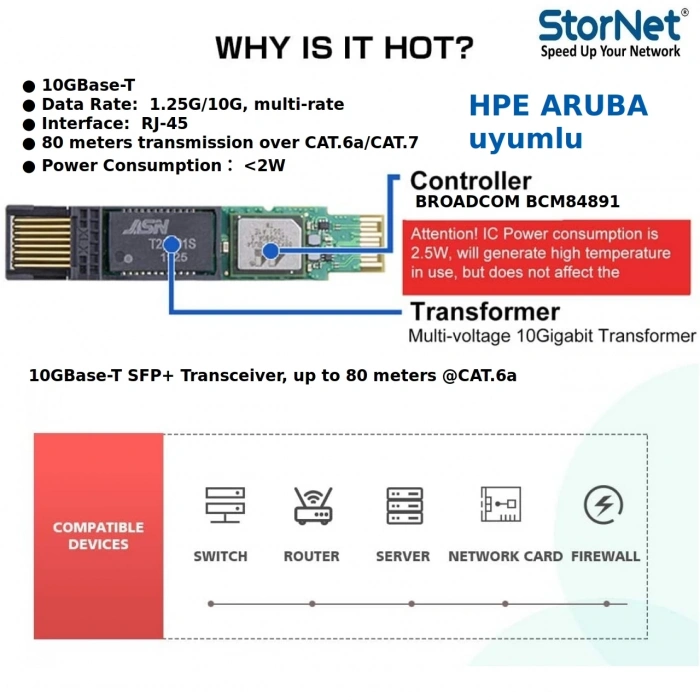 Aruba uyumlu 10GBase-T SFP+ Transceiver 80 metre SFP+ to RJ45