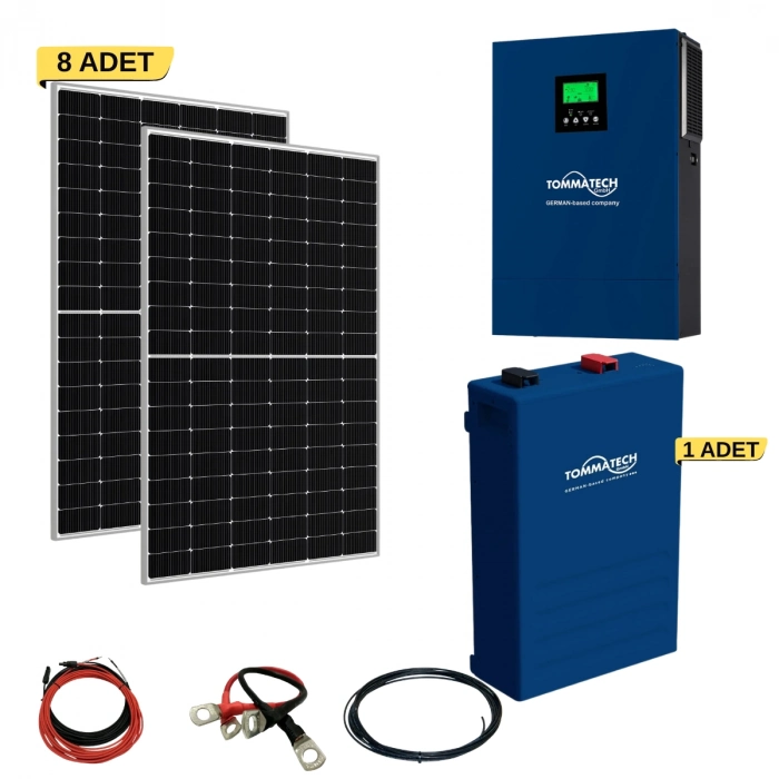 TommaTech 8 kW Hibrit Lityum Akülü Solar Enerji Paketi