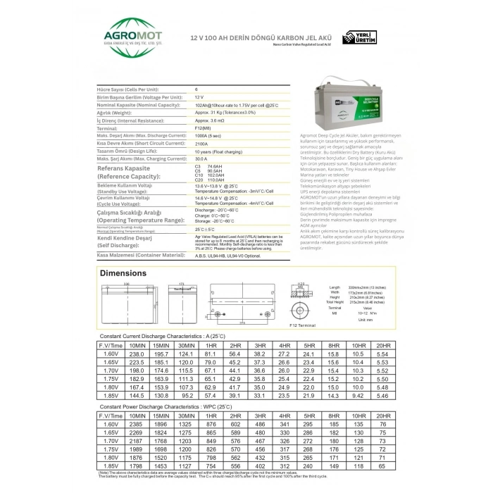 Agromot 12v 100 Ah Jel Akü