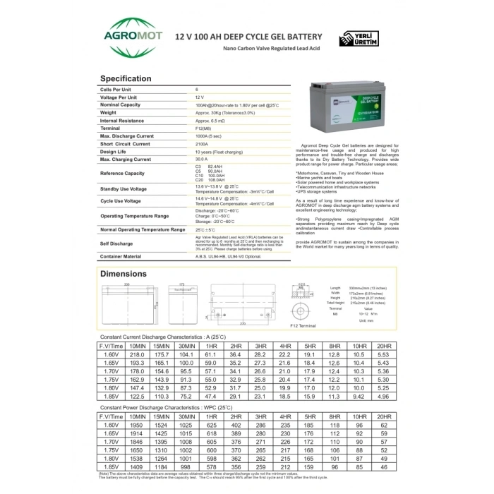 Agromot 12V 100Ah Jel Akü