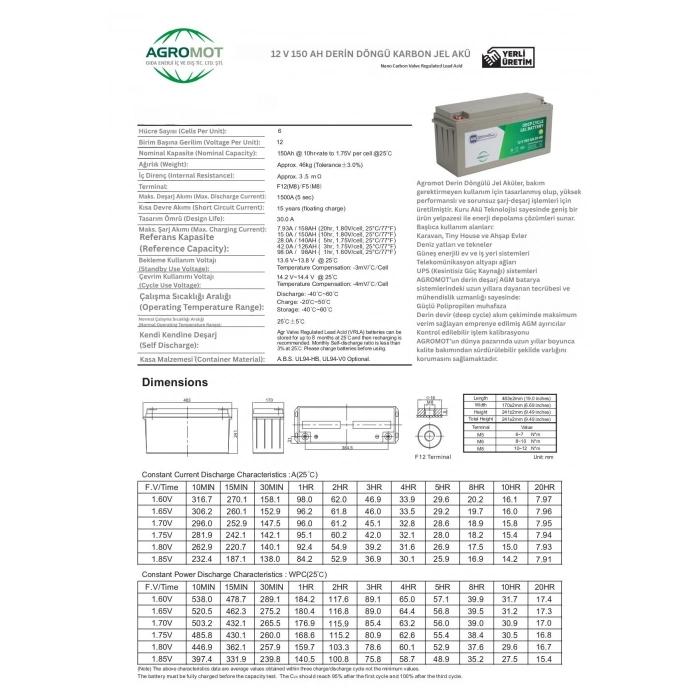 Agromot 12v 150 Ah Jel Akü