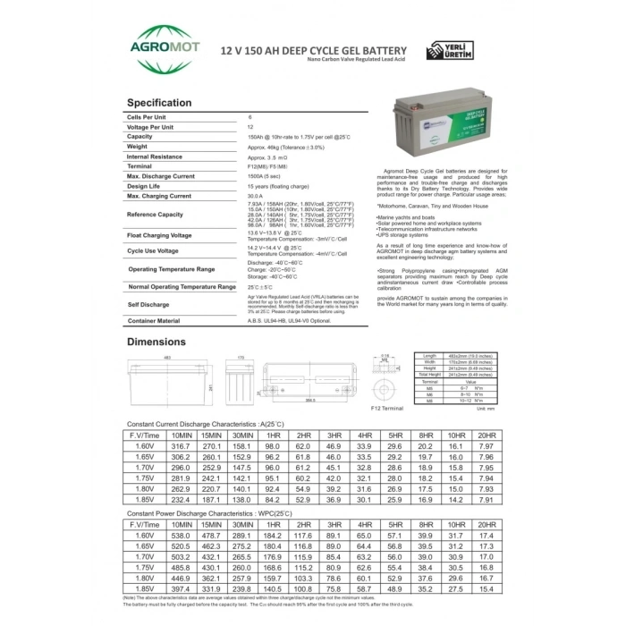 Agromot 12V 150Ah Jel Akü