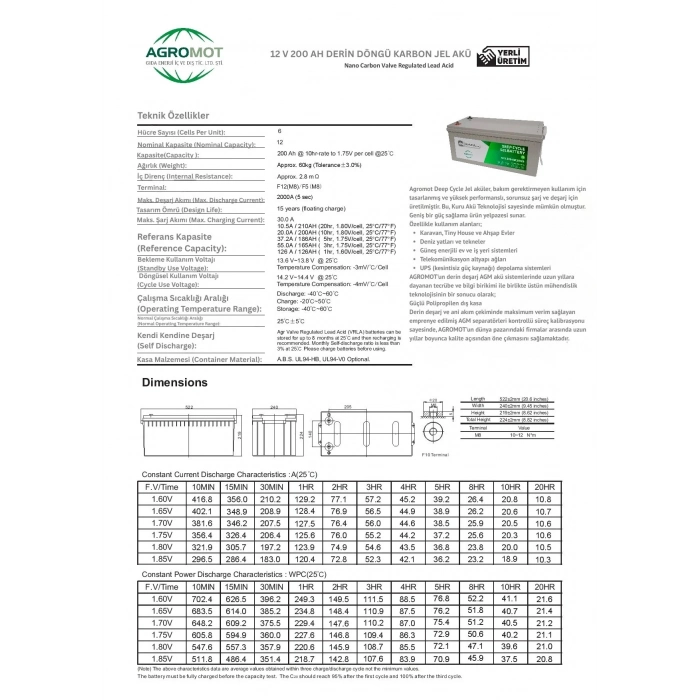 Agromot 12v 200 Ah Jel Akü