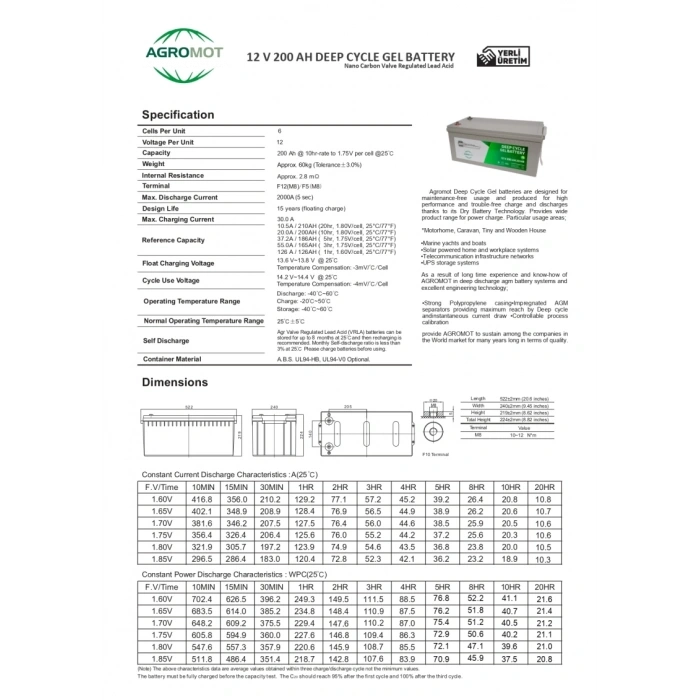 Agromot 12V 200Ah Jel Akü