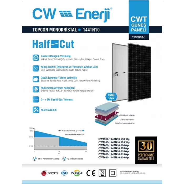 CW Enerji 595W 144TN10 Monofacial Topcon Güneş Paneli