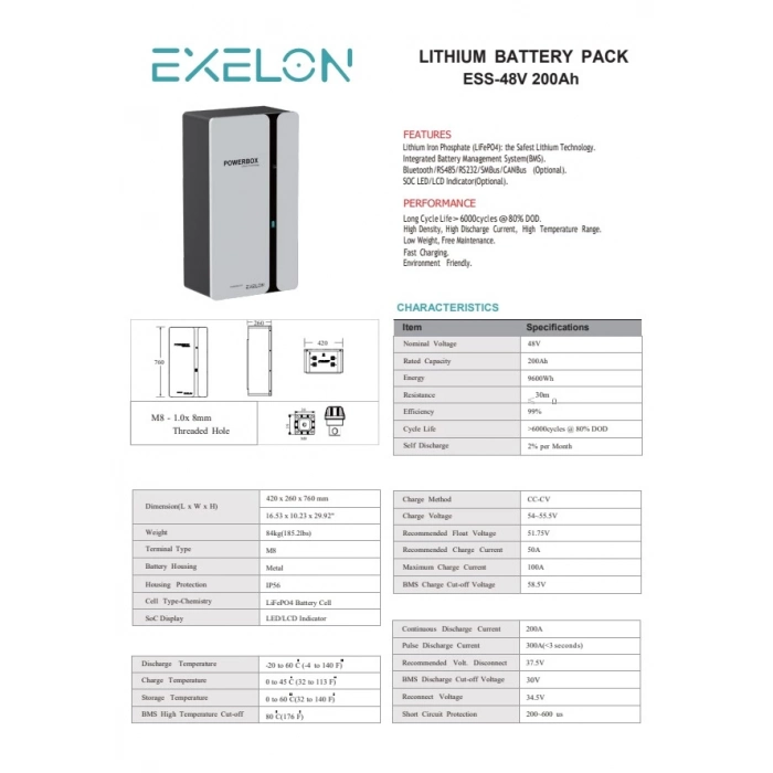 Exelon 48V 200Ah Duvar Tipi Akıllı Lityum Batarya