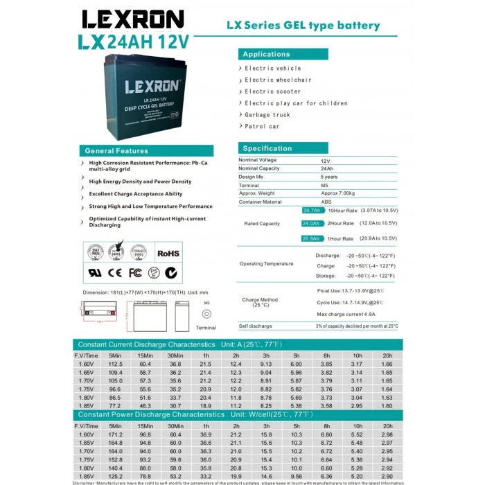 Lexron 12 Volt 24AH Jel Akü