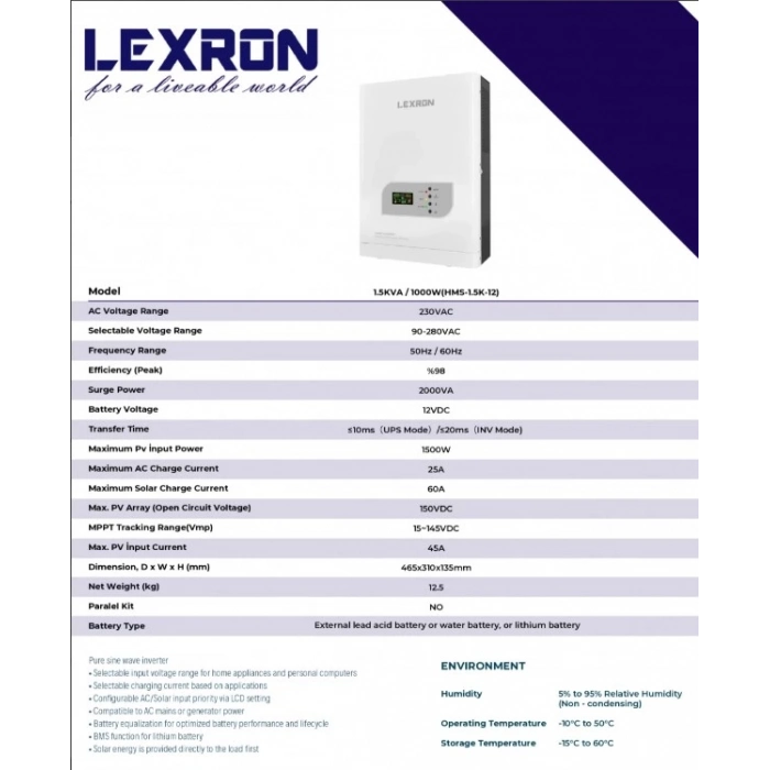 Lexron 1KW 12V MPPT Akıllı İnverter