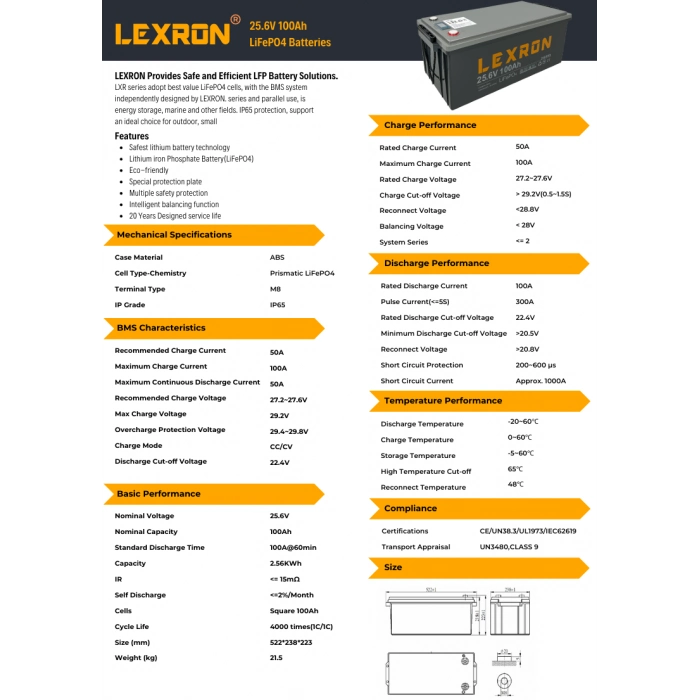 LEXRON 25,6 V 100 AH LİTYUM AKÜ