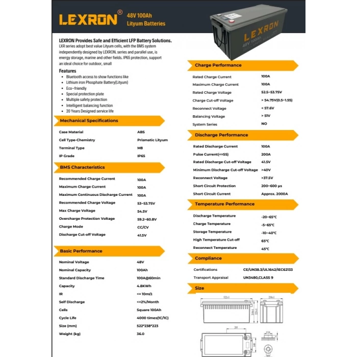 Lexron 48V 100Ah LiFePO4 Lityum Batarya