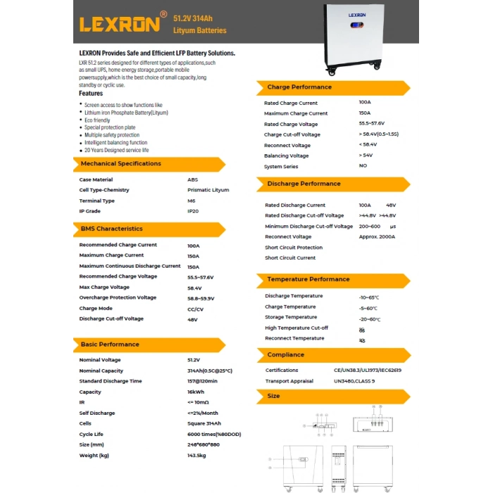 LEXRON 51.2V 314Ah Lityum Batarya