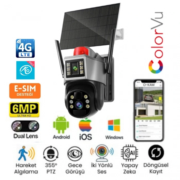 O-KAM 7015 4G 6mp Dual Lens Güneş Panelli Solar Sirenli Güvenlik Kamerası