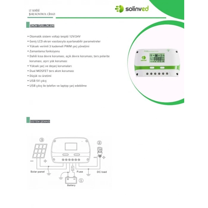 Solinved 20A Amper PWM Solar Güneş Paneli Şarj Kontrol Cihazı Akü Batarya Şarj Regülatörü 12V 24V