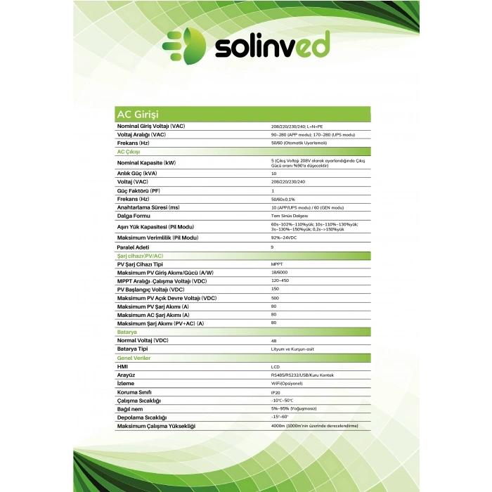 Solinved 5.0 kW GORDİON PREMİUM Serisi MPPT Off-Grid Invertör 48V (Paralellenebilir)