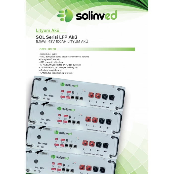 Solinved 51,2 V 100Ah Lityum Raf Akü Serilenebilir
