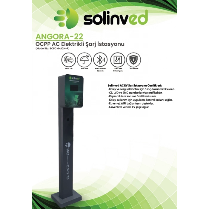Solinved Angora Serisi 22 kW AC Ev Elektrikli Araç Şarj İstasyonu