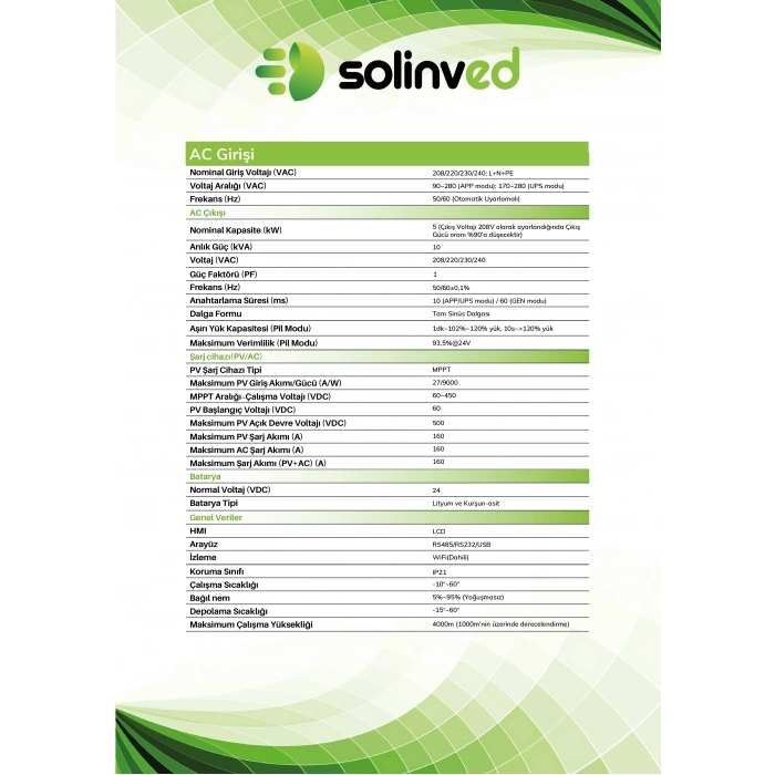 SOLİNVED GORDİON PREMİUM SERİSİ 5KW 24V MPPT OFF-GRID İNVERTER