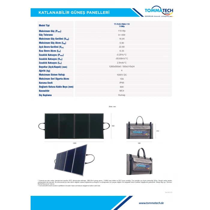 TommaTech 110W Katlanabilir Güneş Paneli