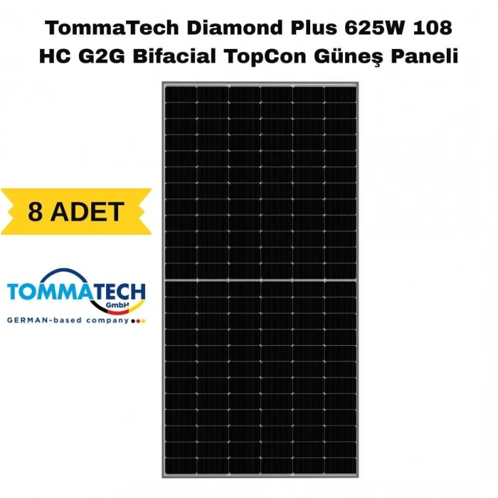 TommaTech Diamond Plus 625W 108 HC G2G Bifacial TopCon Güneş Paneli (8 ADET)