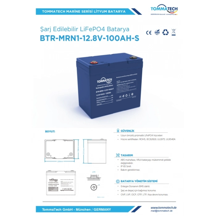 Tommatech Marine ABS Kasa Batarya 12.8V 100AH LFP Lityum Batarya