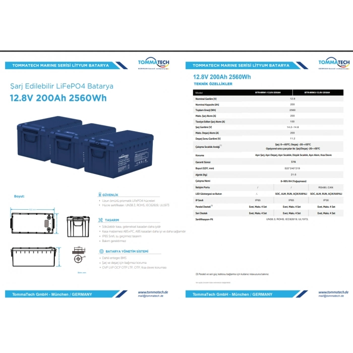 Tommatech Marine ABS Kasa Batarya 12.8V 200AH LFP Lityum Batarya
