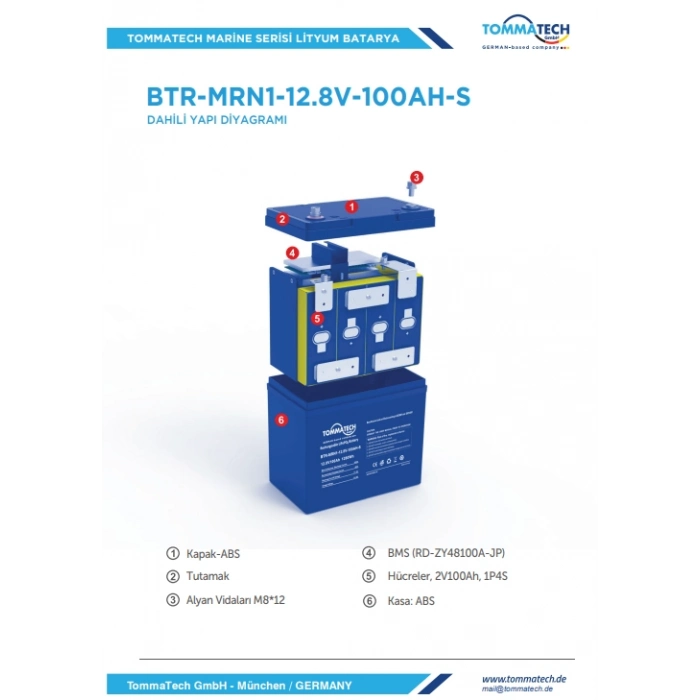 Tommatech Marine ABS Kasa Batarya 12.8V 100AH LFP Lityum Batarya