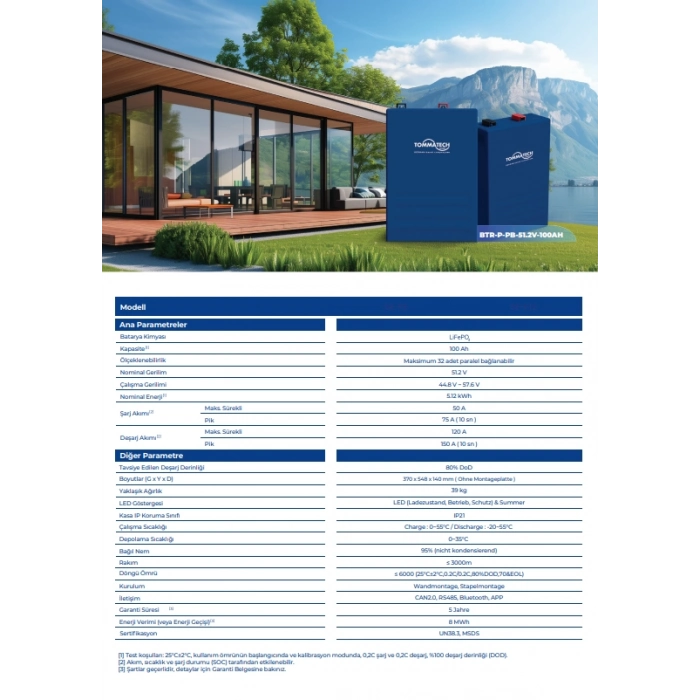 TommaTech PB Serisi 51.2V 100Ah LFP Lityum Batarya