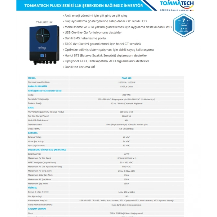 TommaTech PlusX Serisi 11K 48V Tek Faz Akıllı İnverter