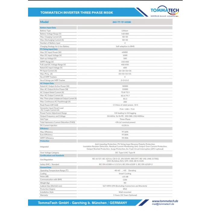 TommaTech Trio-Hybrid Maxi Serisi 50kW Trifaze Hibrit İnverter