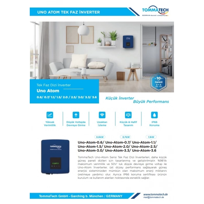TommaTech Uno Atom 3kW Tek Faz On-Grid İnverter