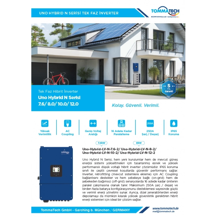 TommaTech Uno Hybrid N 12kW Tek Faz İnverter