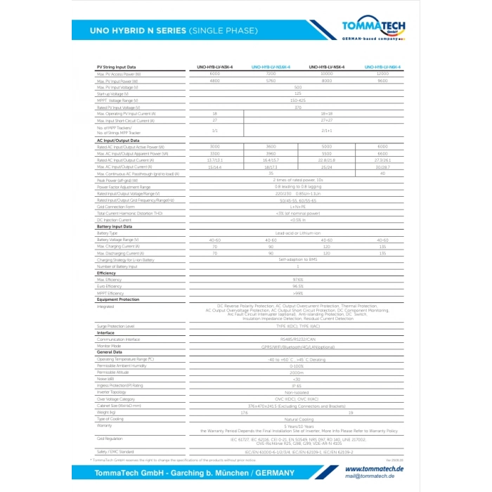 TommaTech Uno N Serisi 6kW LV Hibrit İnverter