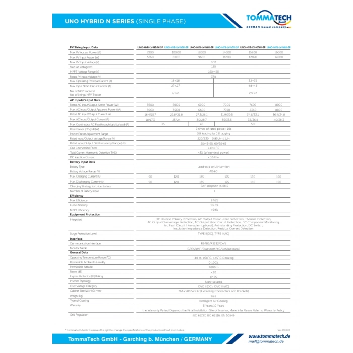 TommaTech Uno N Serisi 8kW LV Hibrit İnverter