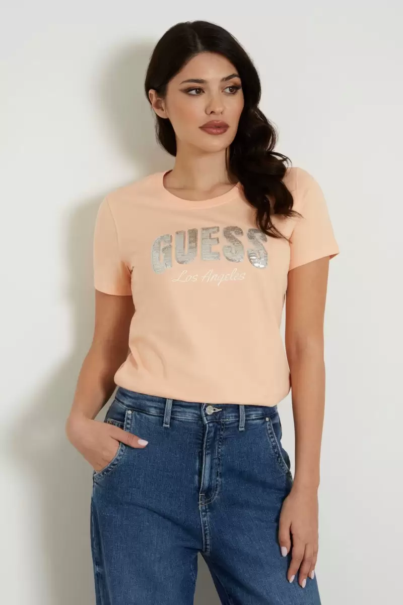 Guess Kadın Önde Taşlı Logolu Açık Pembe T-Shirt