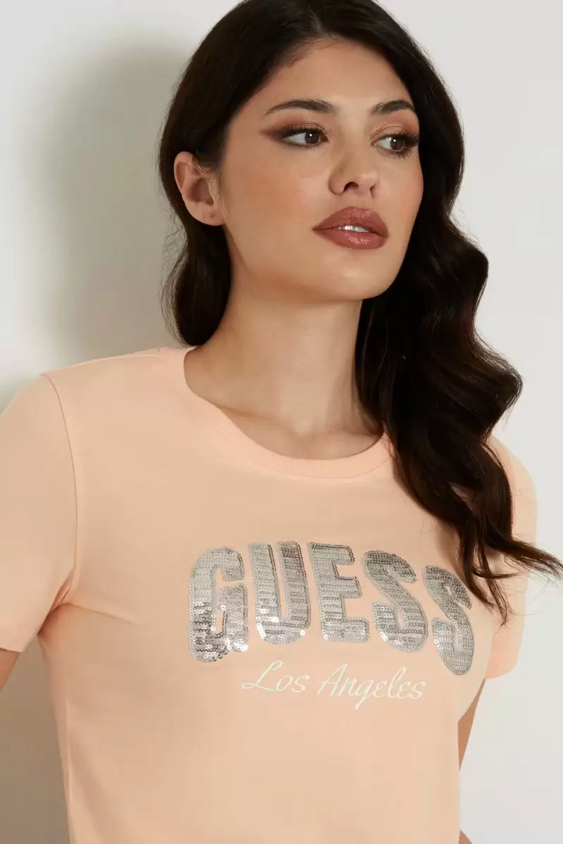 Guess Kadın Önde Taşlı Logolu Açık Pembe T-Shirt