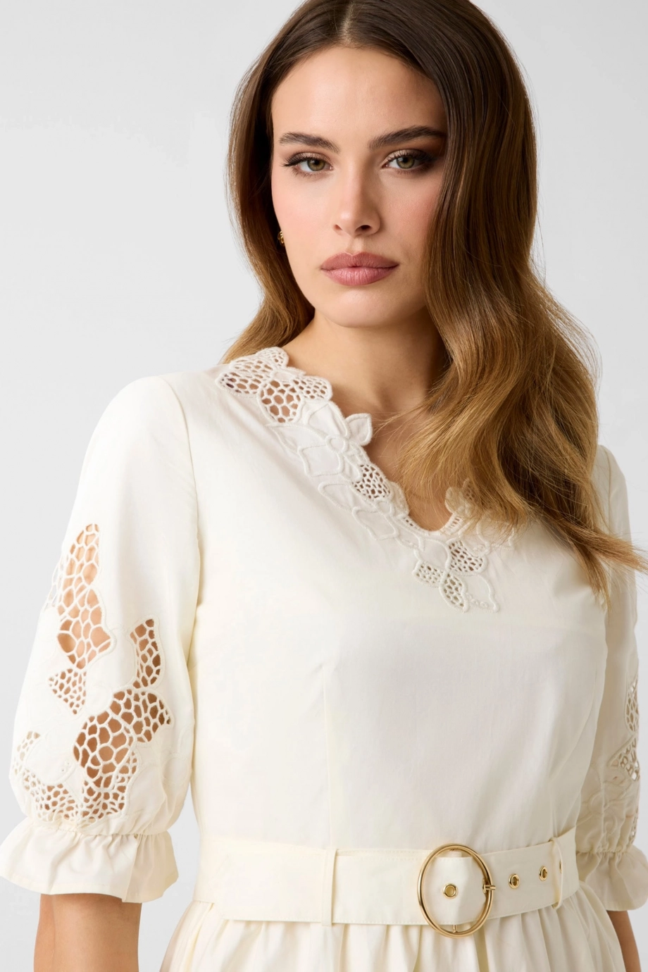 Guess Sonia Nakışlı Midi Kadın Krem Elbise W6GKAQW2716-G053